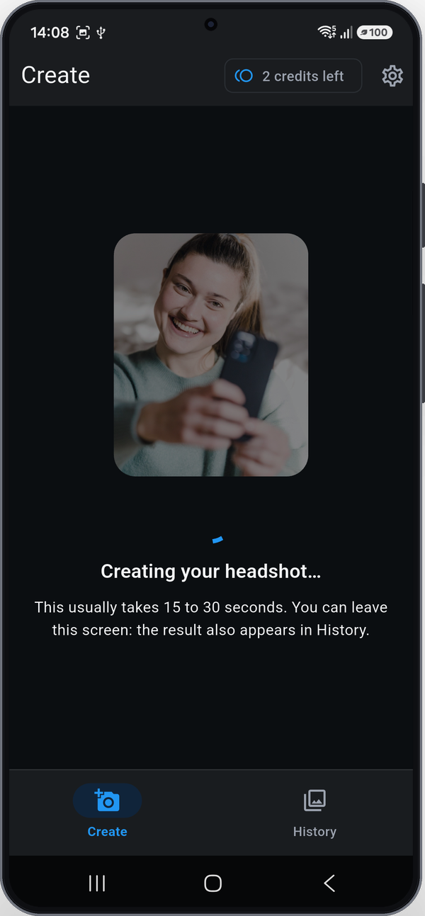 CVShot while it works: the selfie with "Creating your headshot…" underneath.