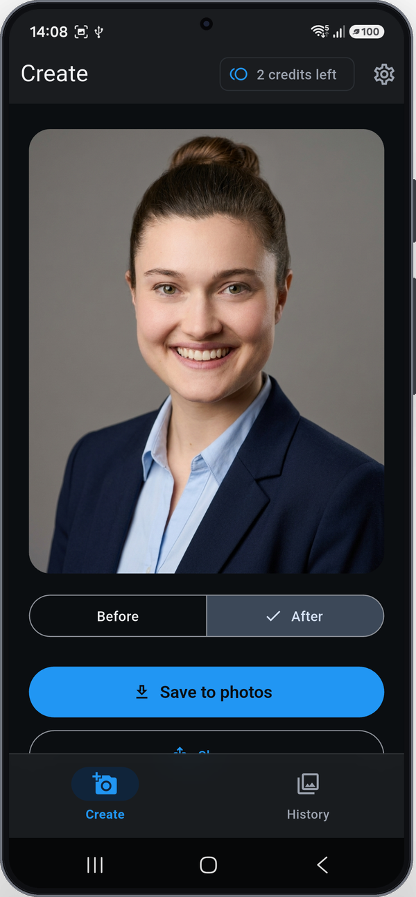 CVShot showing the finished headshot, with Before and After buttons and Save to photos.