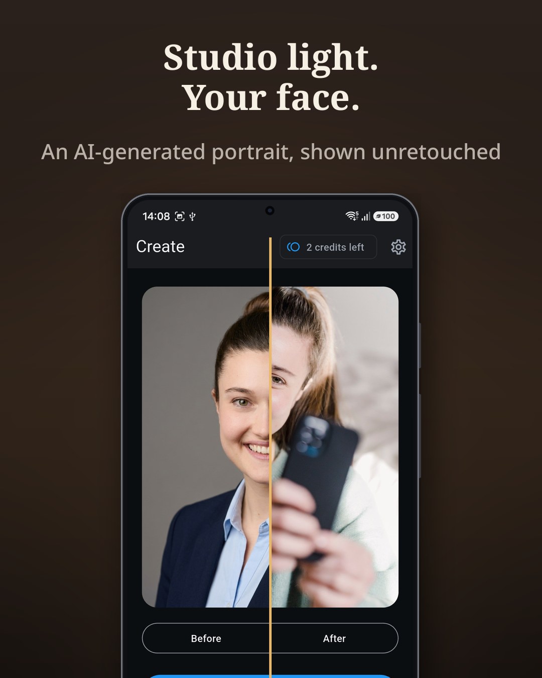 CVShot's result screen half-way between the example selfie and its AI-generated headshot.
